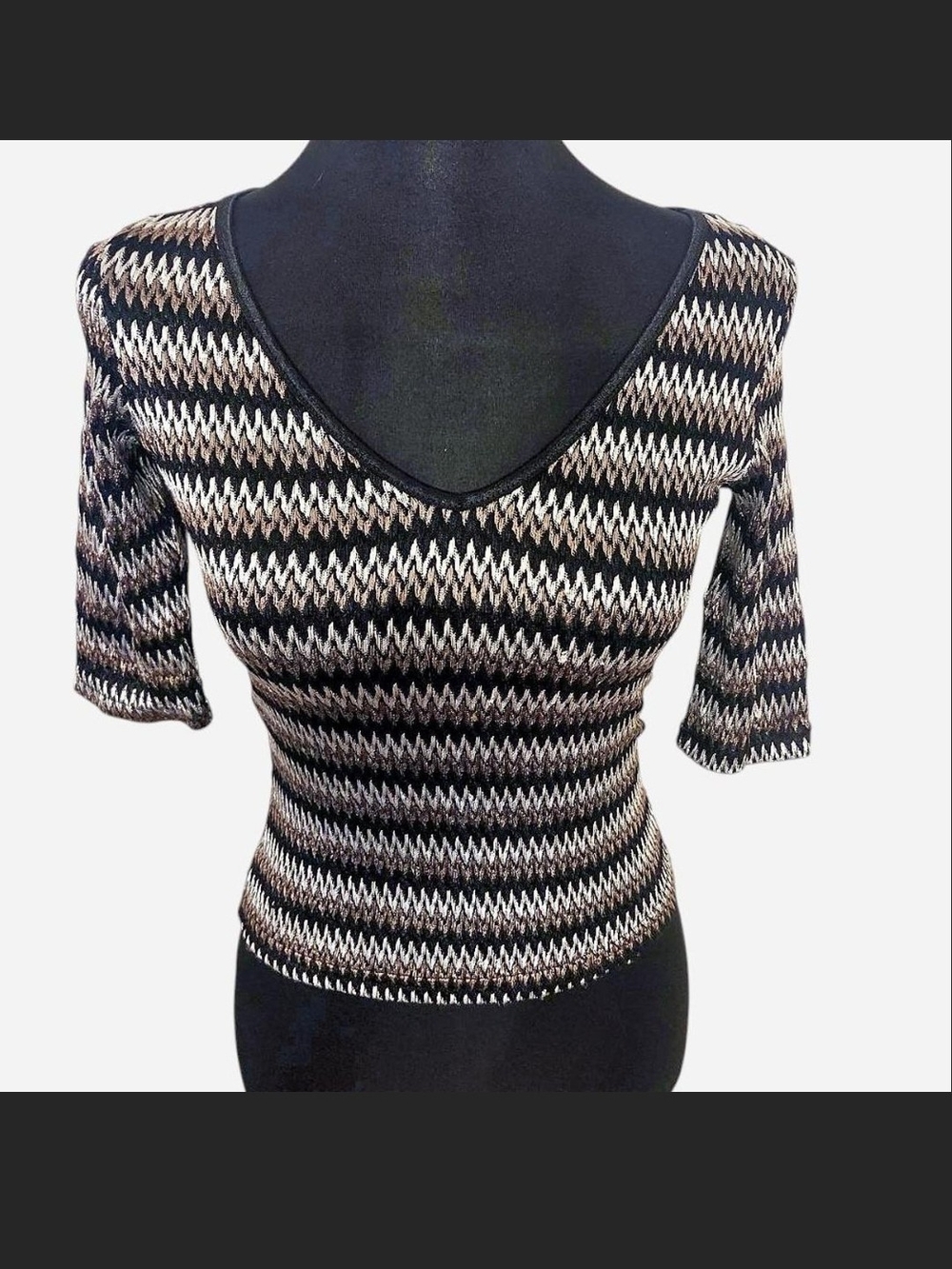 AZIZ Womens Black & Cream Zigzag Knit Scoop Neck Top